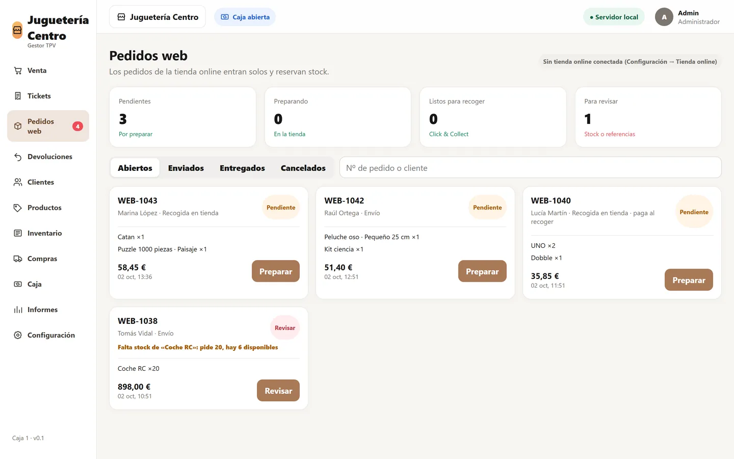 Pedidos web en GestorTPV: pendientes, para recoger en tienda y para revisar